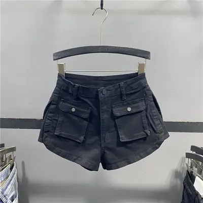Women Denim Shorts High Waist Loose Fit Wide Leg Slimming