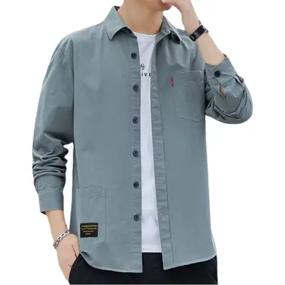 Men's Grey Cotton Long Sleeve Shirt Hong Kong Style Casual