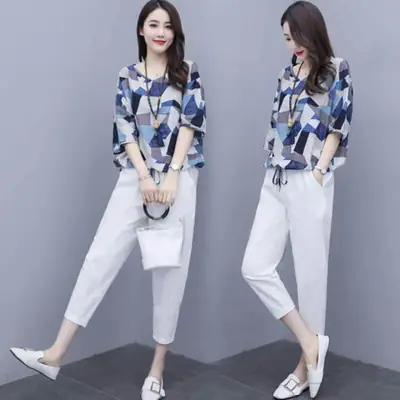 Women Geometric Print Pencil Pants Set Yellow Summer 2025