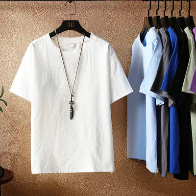 Men Linen Short Sleeve T-Shirt Cream