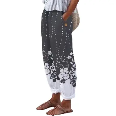 2022 Printed Cotton Linen Loose Leg Pants White Blue Floral