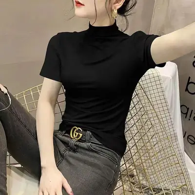 Women Black Half-Collar Slim Fit T-Shirt Spring Summer