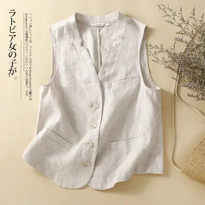 2025 Linen Sleeveless Waistcoat Vest White