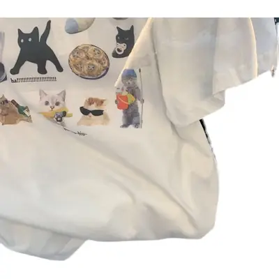Women White Cat Print T-Shirt Short Sleeve Casual Summer