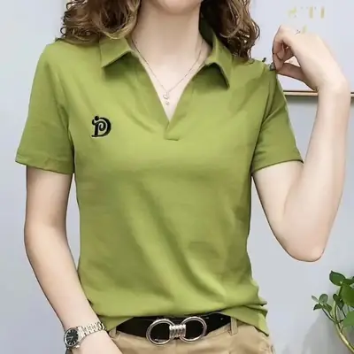 Women White Polo Shirt V-neck Short Sleeve Summer Wear