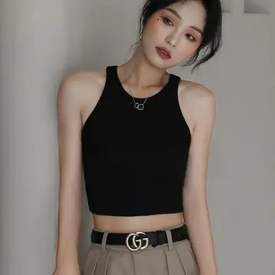 Elastic Threaded Knitted I-Shaped Vest Women Summer