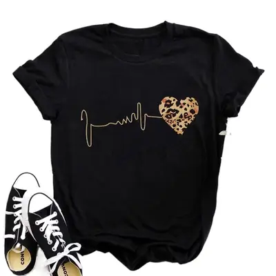 Women Black Heartbeat Graphic T-Shirt Short Sleeve