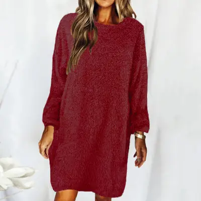 Brown Loose Long Sleeve Plush Dress for Women