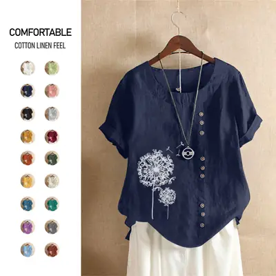 2022 Cotton Linen Women's T-Shirt Navy Blue Floral Button Front
