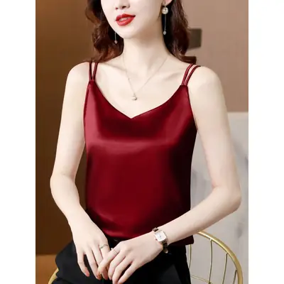 Women's White Camisole Back Acetic Satin Summer Top