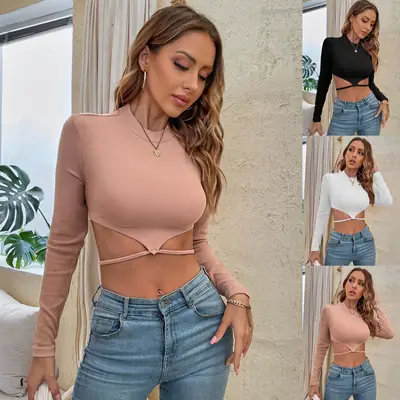 Women's White Long Sleeve Crop Top with Drawstring Back