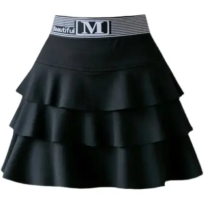 Black Ruffled Skirt High Waist Slimming A-Line