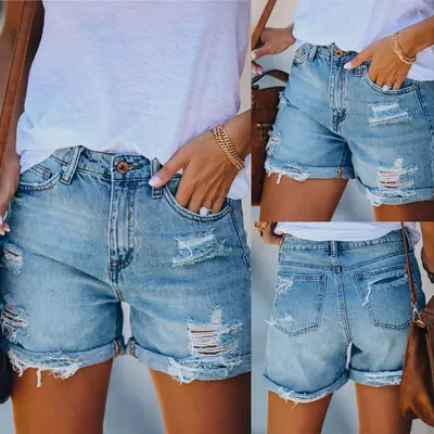 Women Denim Shorts V-Neck Light Blue Set
