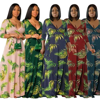 Plus Size Leaf Print Swing Dress European Belted Deep V Neck