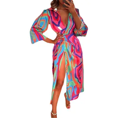 Multi Color Striped Lace-Up Midi Dress with High Slit