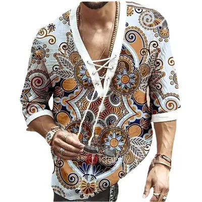 Men V-Neck Printed Cotton T-Shirt Blue 34F