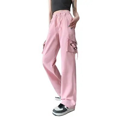 Women Pink Loose Casual Pants Set with Drawstring Waist