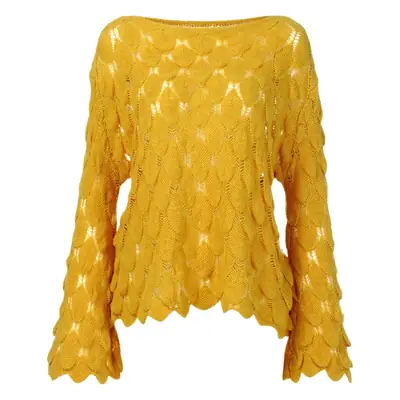 Yellow Hollow Knitted Pullover Sweater for Women