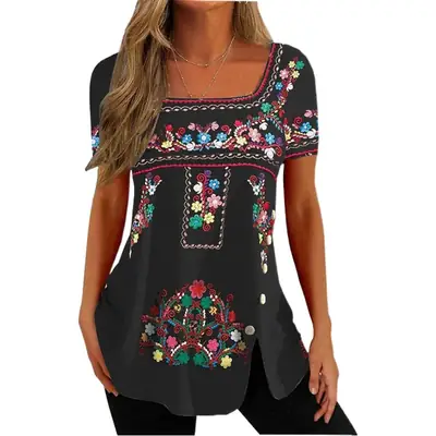 Women Ethnic Button Split Top Black Summer Wear