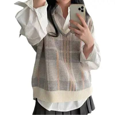 Women Vintage Plaid V-Neck Sweater Vest White Shirt Set