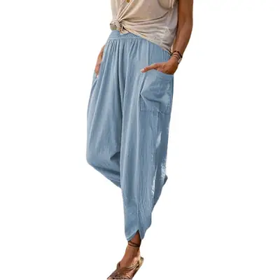 Women Wide Leg Cotton Linen Pants Summer Casual Beach Wear