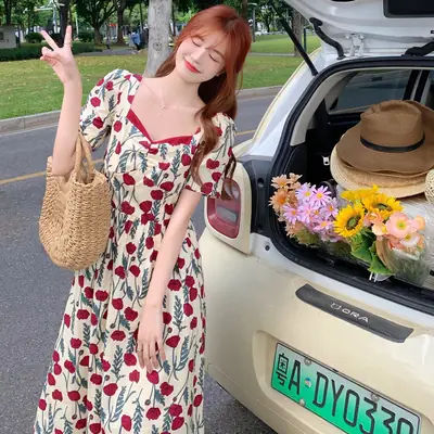 2022 Summer Rose Print Chubby Plus Size Dress
