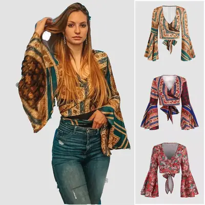 Long Sleeve Printed Women's Top with Ties