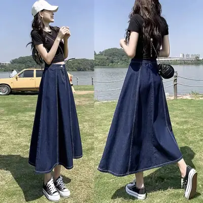 Women's Long Denim Pleated Skirt Mid-Waist A-Line 2025
