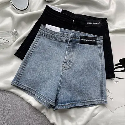 Women Denim Shorts High Waist Slim Fit Blue