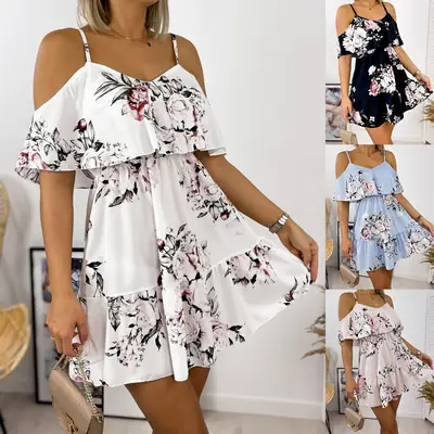 2021 Printed V-Neck Dress with Shoulder Sling