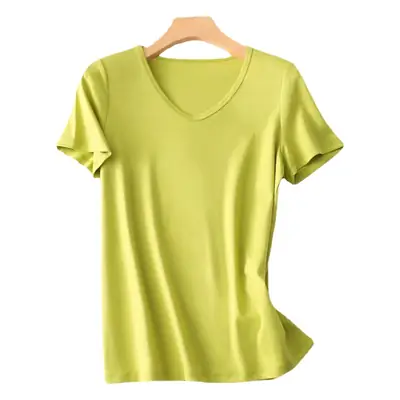 Women V Neck Mercerized Cotton T-Shirt Black Short Sleeve