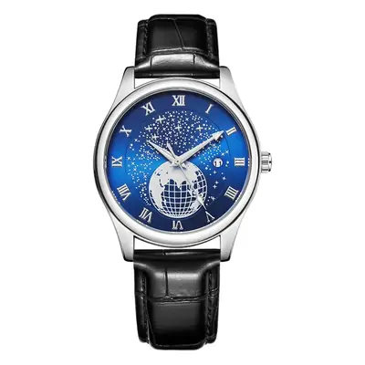 Men's Luminous Blue Globe Dial Watch with Leather Strap