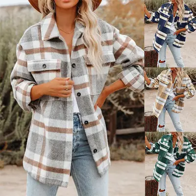 2022 Plaid Woolen Long Sleeve Jacket for Women
