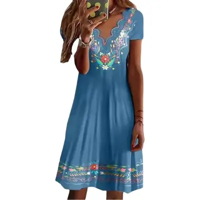 Women's Green Printed V-Neck Dress Wave Pattern