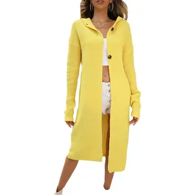 Yellow Hooded Long Sleeve Knit Cardigan Women