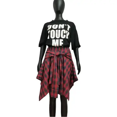 Orange Plaid Asymmetrical Skirt with Green Jacket