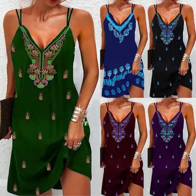 2023 Summer Bohemian V-Neck Sling Dress Set