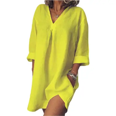 Women's Pink V-Neck Seven-Sleeve Cotton Linen Dress
