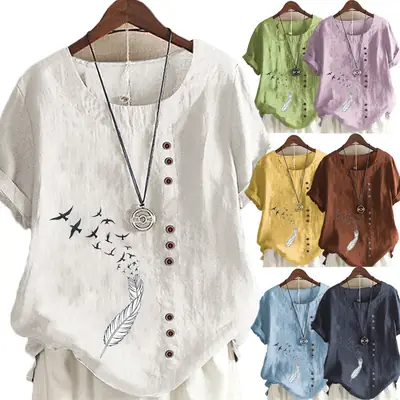 Women Green Printed Cotton T-Shirt Short Sleeve Button Front