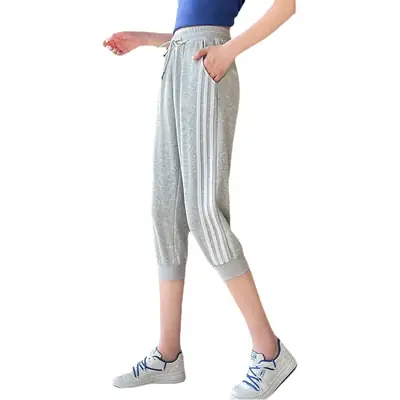 Women Grey Cotton Cropped Pants Summer Casual Fitness Shorts