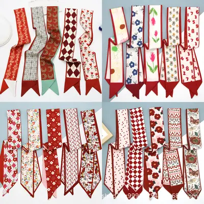 Long All-match Silk Scarf with Tie Hair Belt Bow Letter Floral Ribbon