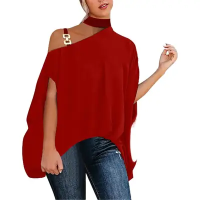 Women's Blue Oblique Shoulder Top with Chain Strap