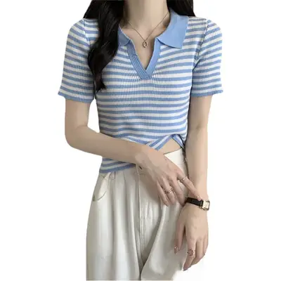 Women Striped Polo Top High Waist Navel Exposed Summer Top