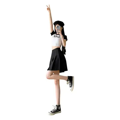 Black Pleated Skirt with Flap Pocket High Waist Summer Dress