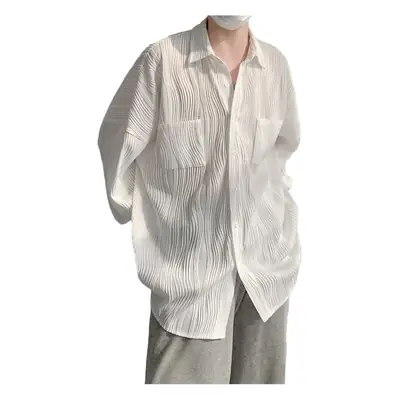 Men's White Pleated Long Sleeve Ins Shirt with Ice Silk Fabric