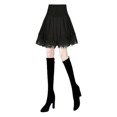 Black High Waist Pleated Skirt with Lace Base Large Size