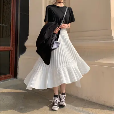 Black Pleated Chiffon Skirt Women Spring 2023 Large Swing