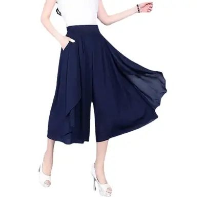 Women's Chiffon Wide Leg Pants Navy Blue Cropped Summer