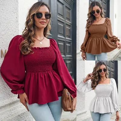 Black Chiffon Square Collar Top with Long Sleeves