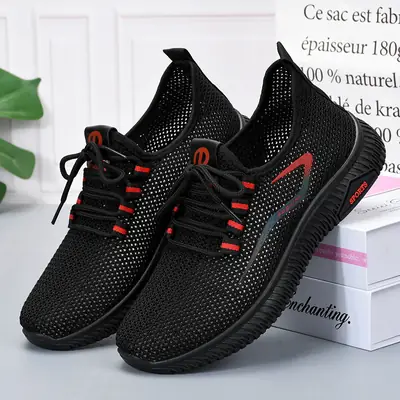 Women's Breathable Mesh Casual Shoes Black Red Sole